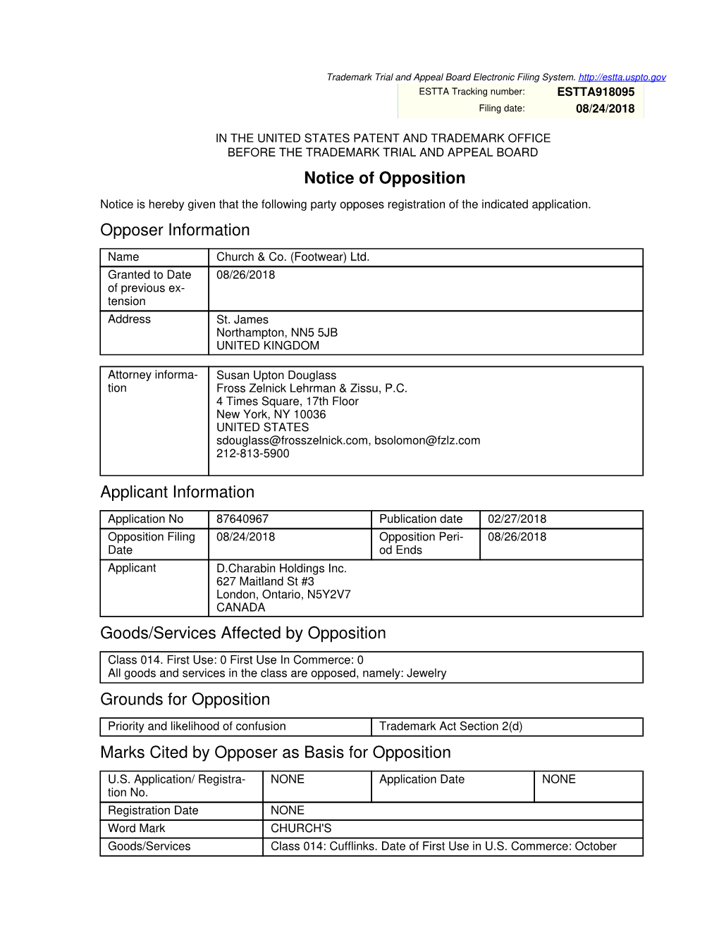 Notice of Opposition Opposer Information Applicant Information