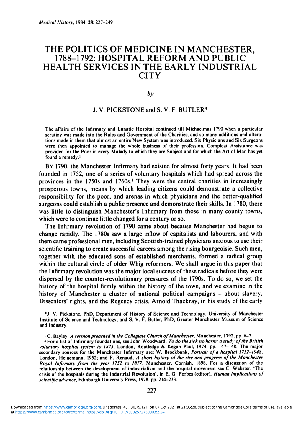 The Politics of Medicine in Manchester, 1788-1792: Hospital Reform and Public Health Services in the Early Industrial City