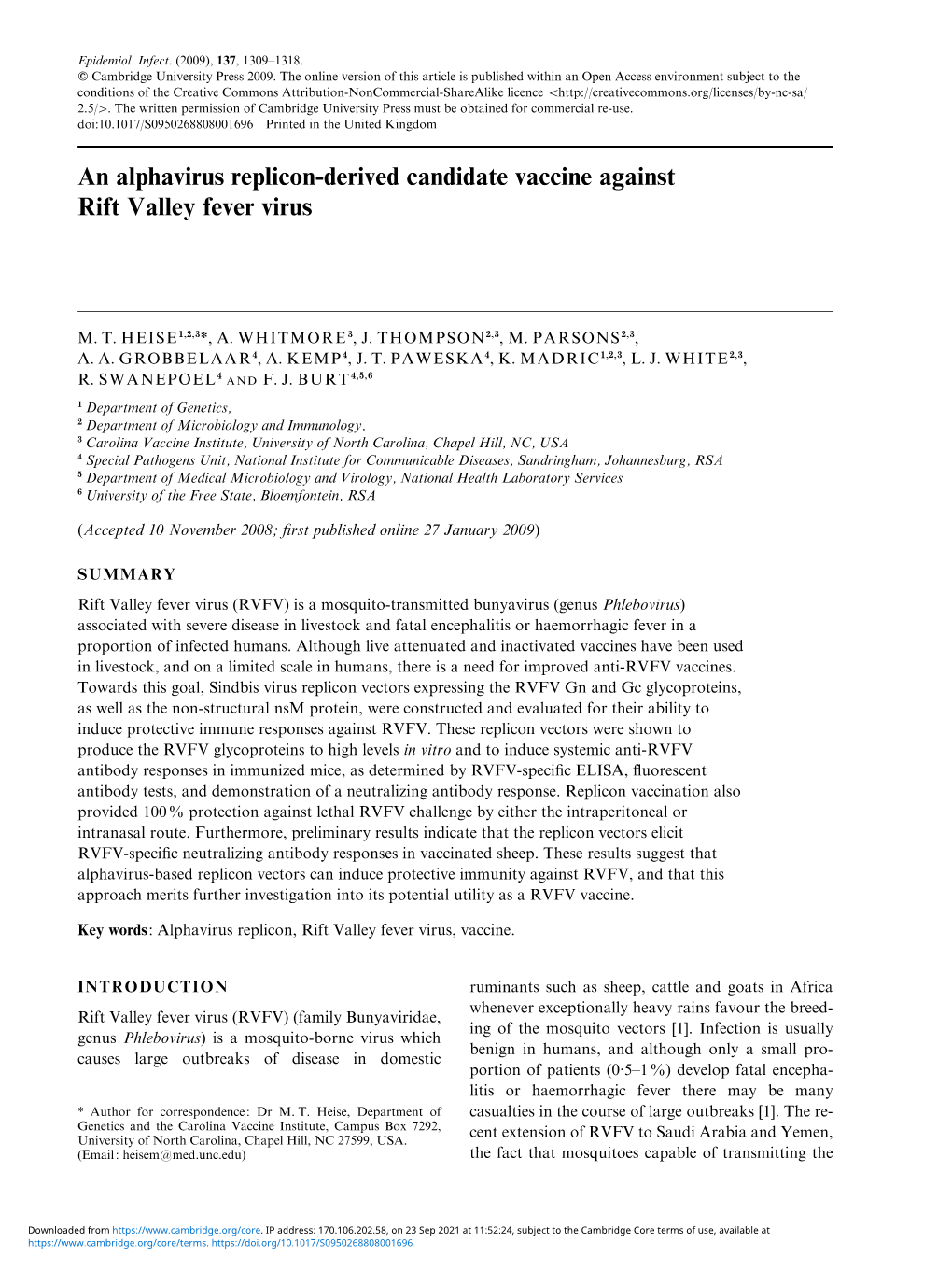 An Alphavirus Replicon-Derived Candidate Vaccine Against Rift Valley Fever Virus