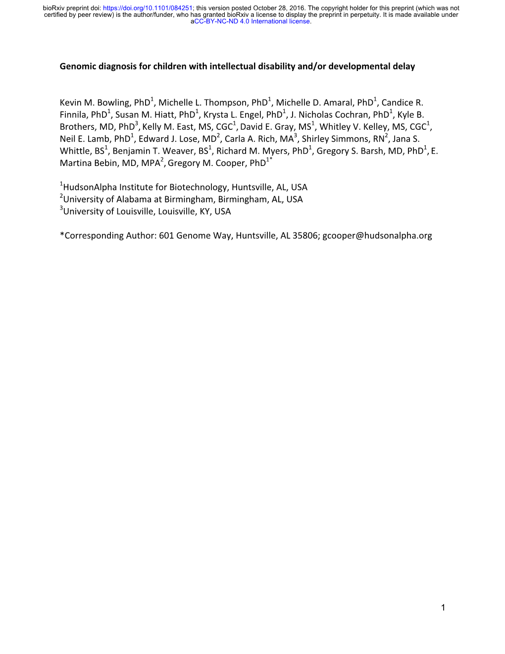 Genomic Diagnosis for Children with Intellectual Disability And/Or Developmental Delay