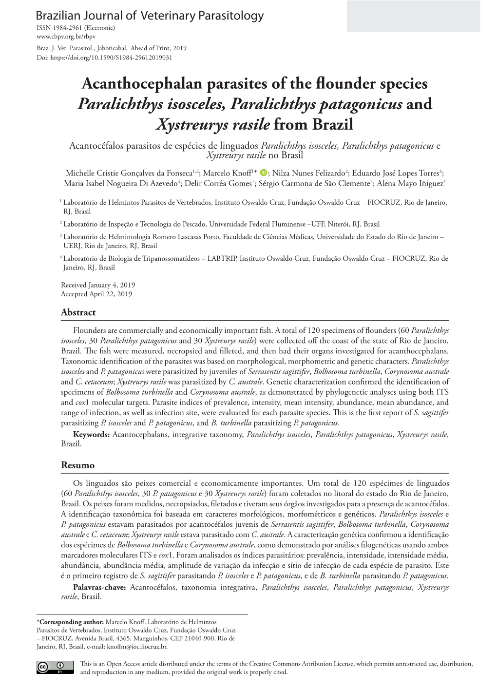 Acanthocephalan Parasites of the Flounder Species Paralichthys