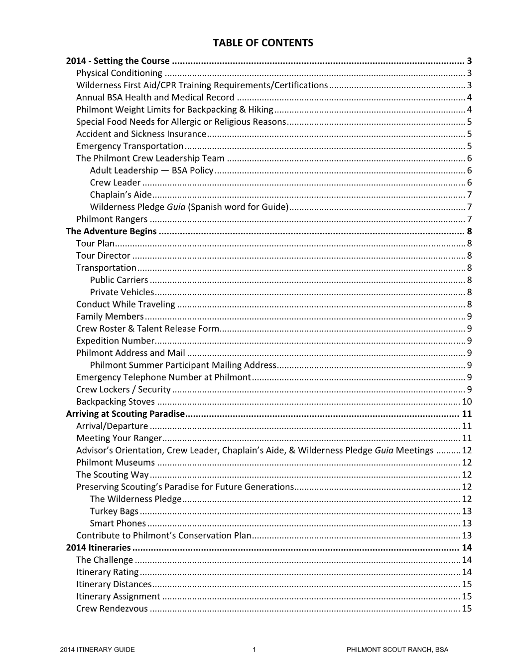 TABLE of CONTENTS 2014 ‐ Setting the Course