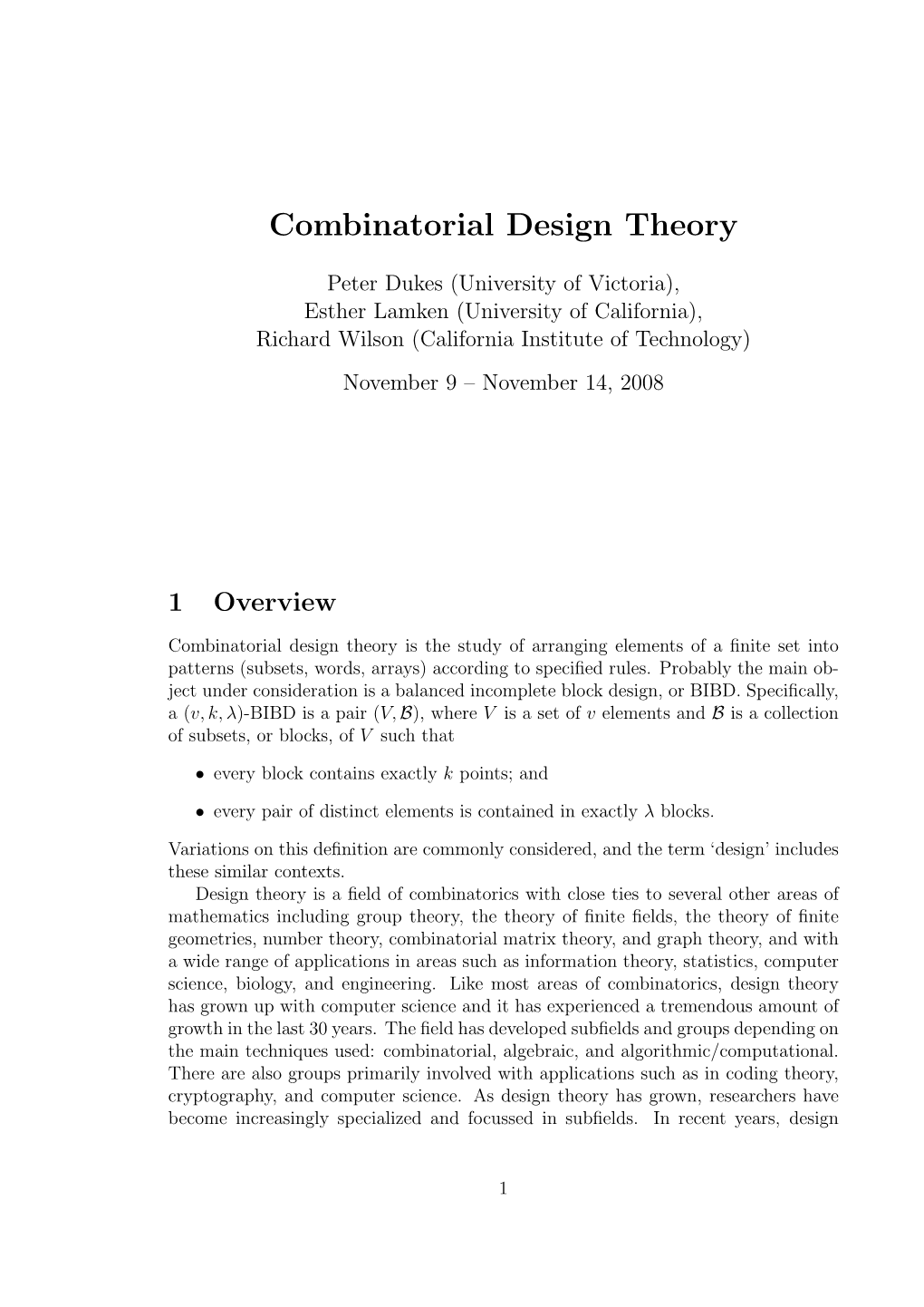 Combinatorial Design Theory