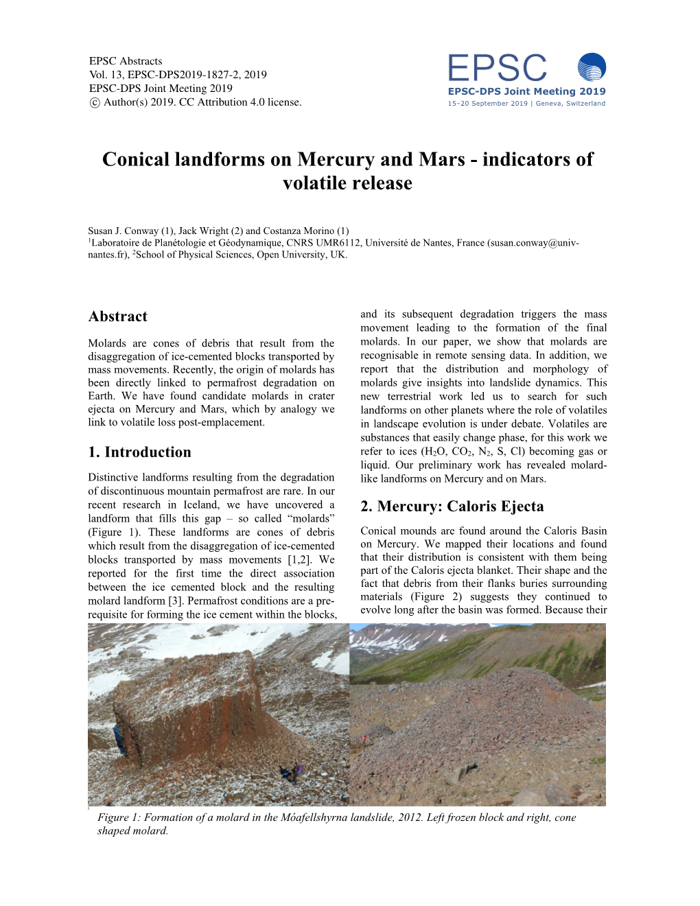 Conical Landforms on Mercury and Mars - Indicators of Volatile Release