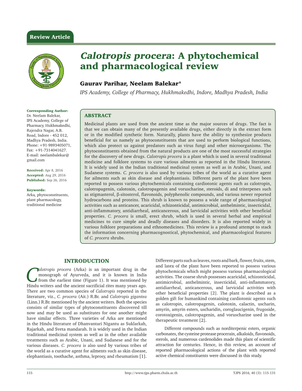 Calotropis Procera: a Phytochemical and Pharmacological Review