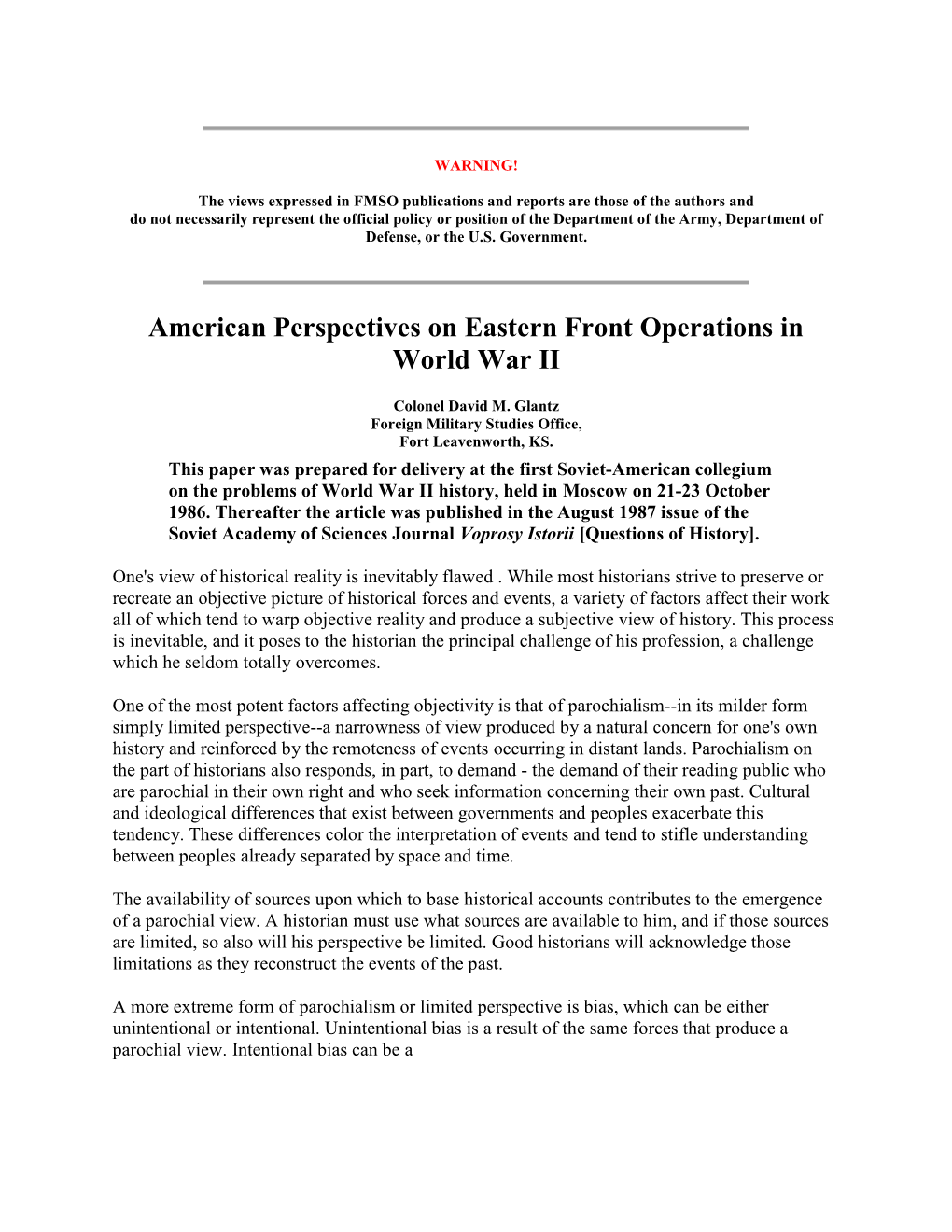 American Perspectives on Eastern Front Operations in World War II
