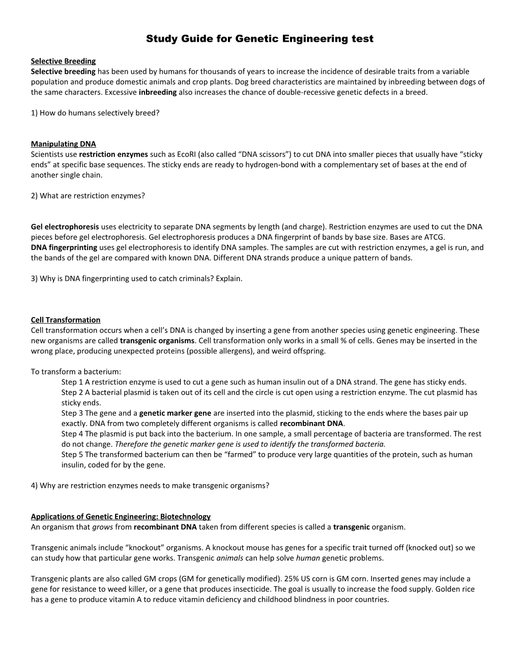 Study Guide Chapter 13: Genetic Engineering