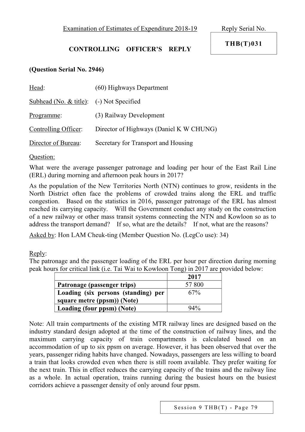 Examination of Estimates of Expenditure 2018-19 Reply Serial No