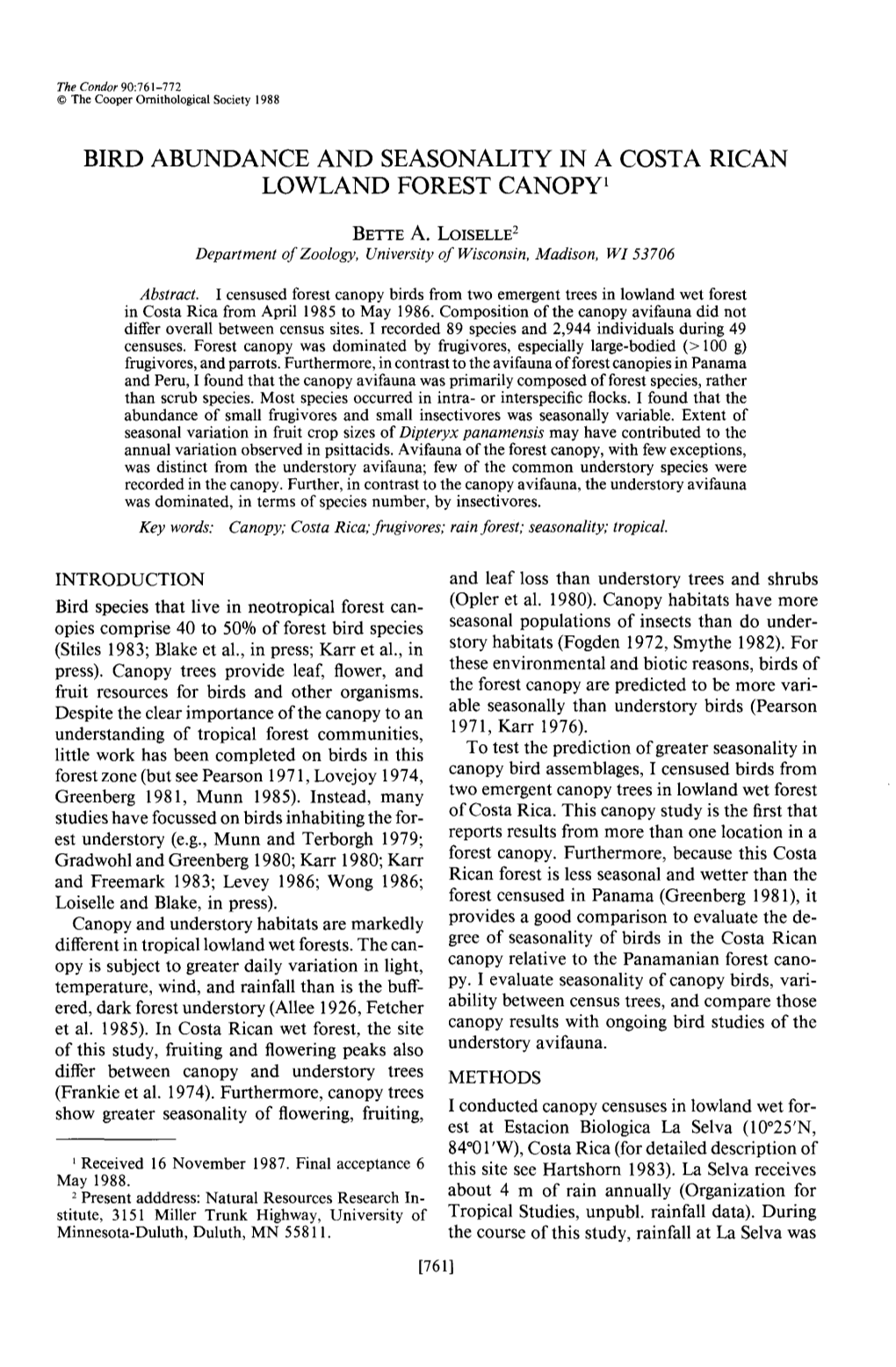 Bird Abundance and Seasonality in a Costa Rican Lowland Forest Canopy’