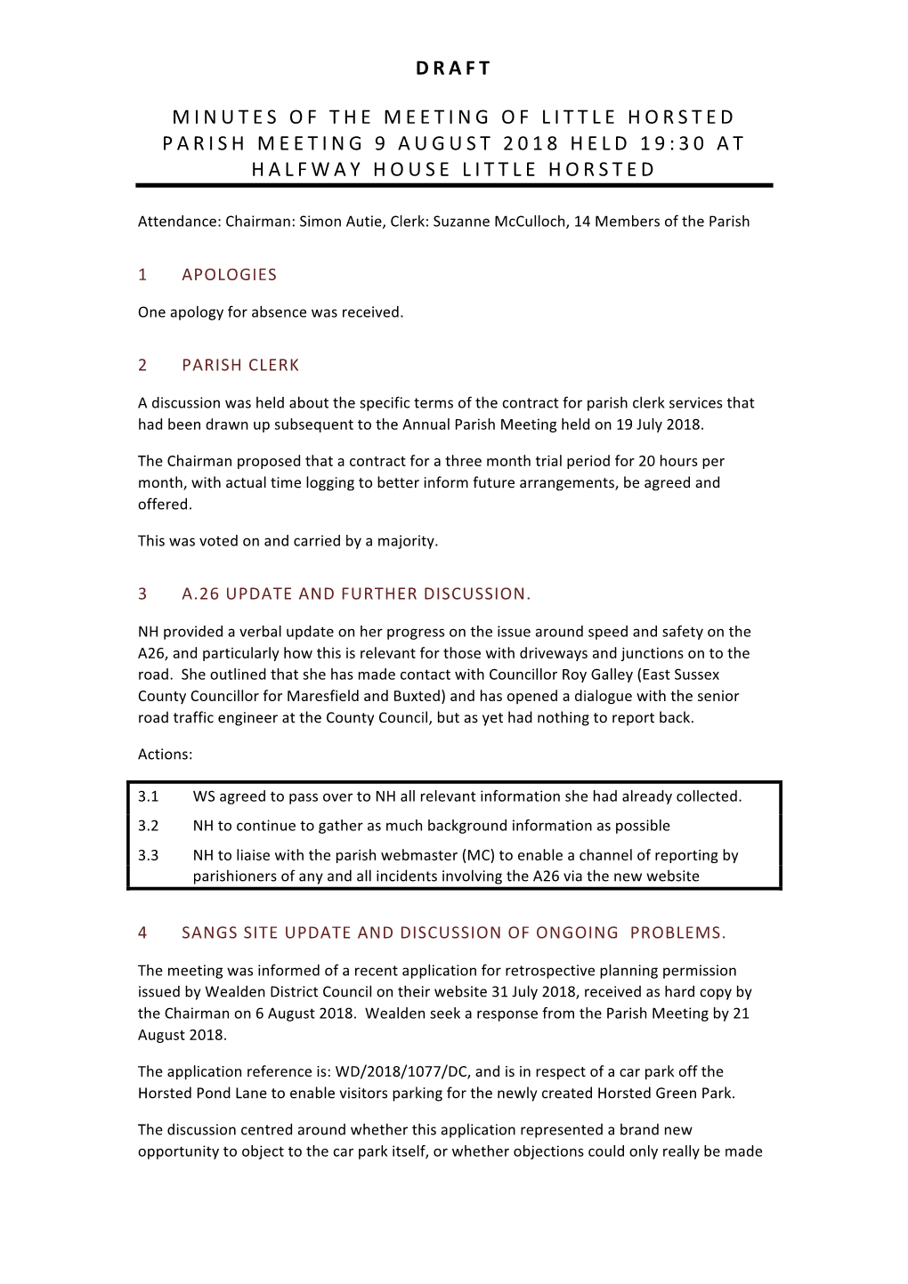 Draft Minutes of the Meeting of Little Horsted Parish