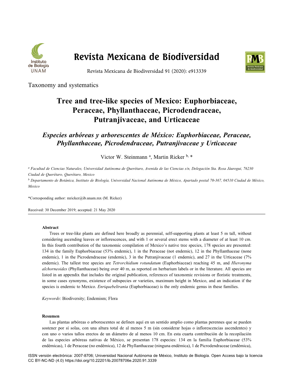 Tree and Tree-Like Species of Mexico: Euphorbiaceae, Peraceae, Phyllanthaceae, Picrodendraceae, Putranjivaceae, and Urticaceae