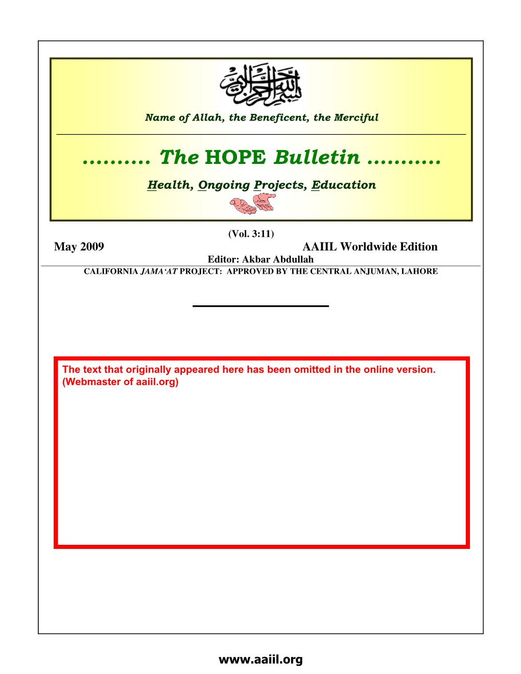 The HOPE Bulletin: May 2009 Bulletin —