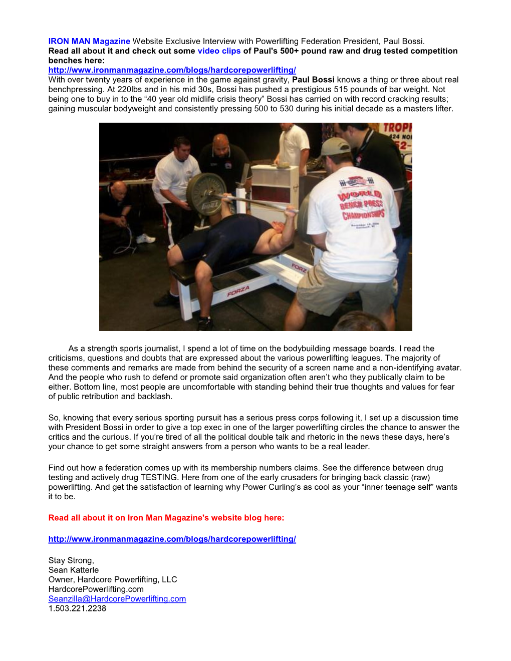 IRON MAN Magazine Website Exclusive Interview with Powerlifting Federation President, Paul Bossi