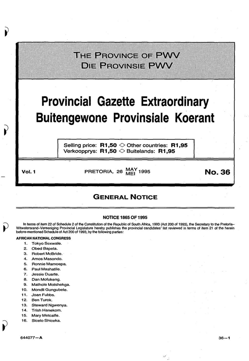 Provincial Gazette Extraordinary Buitengewone Provinsiale Koerant