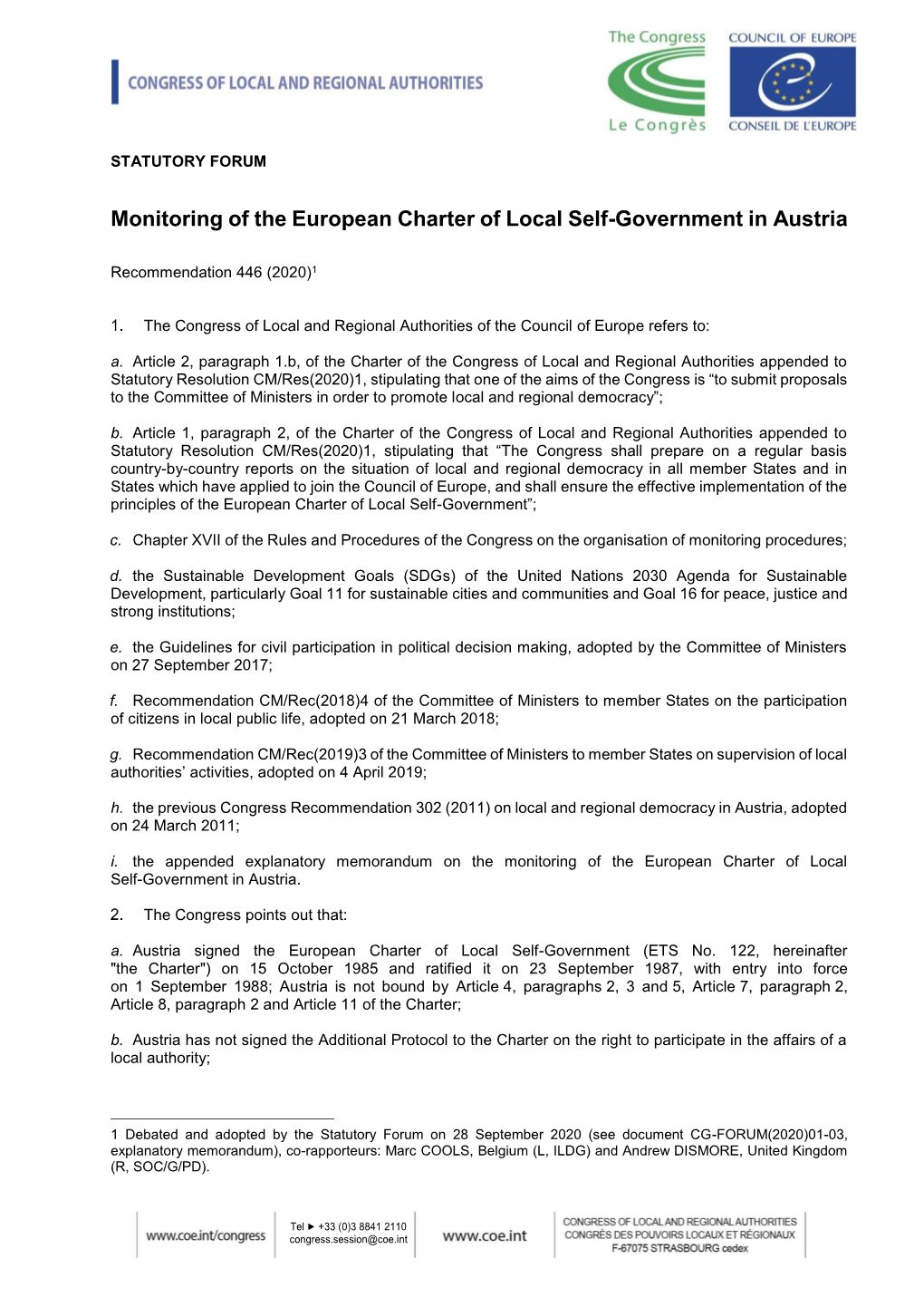 Monitoring of the European Charter of Local Self-Government in Austria