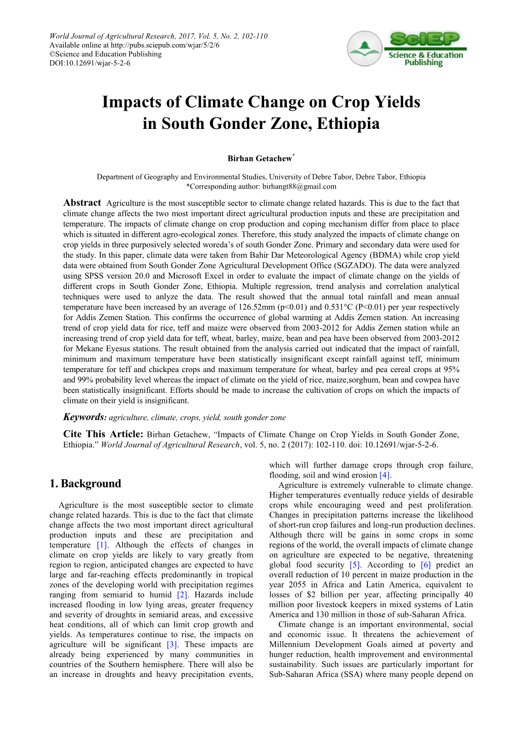 Impacts of Climate Change on Crop Yields in South Gonder Zone, Ethiopia