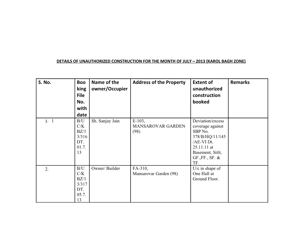 Details of Unauthorized Construction for the Month of July 2013 (Karol Bagh Zone)