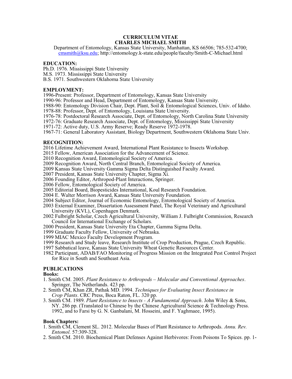 CURRICULUM VITAE CHARLES MICHAEL SMITH Department Of