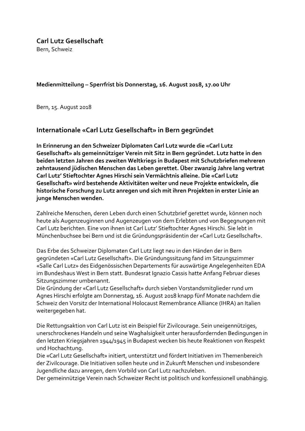Carl Lutz Gesellschaft Internationale «Carl Lutz Gesellschaft» in Bern