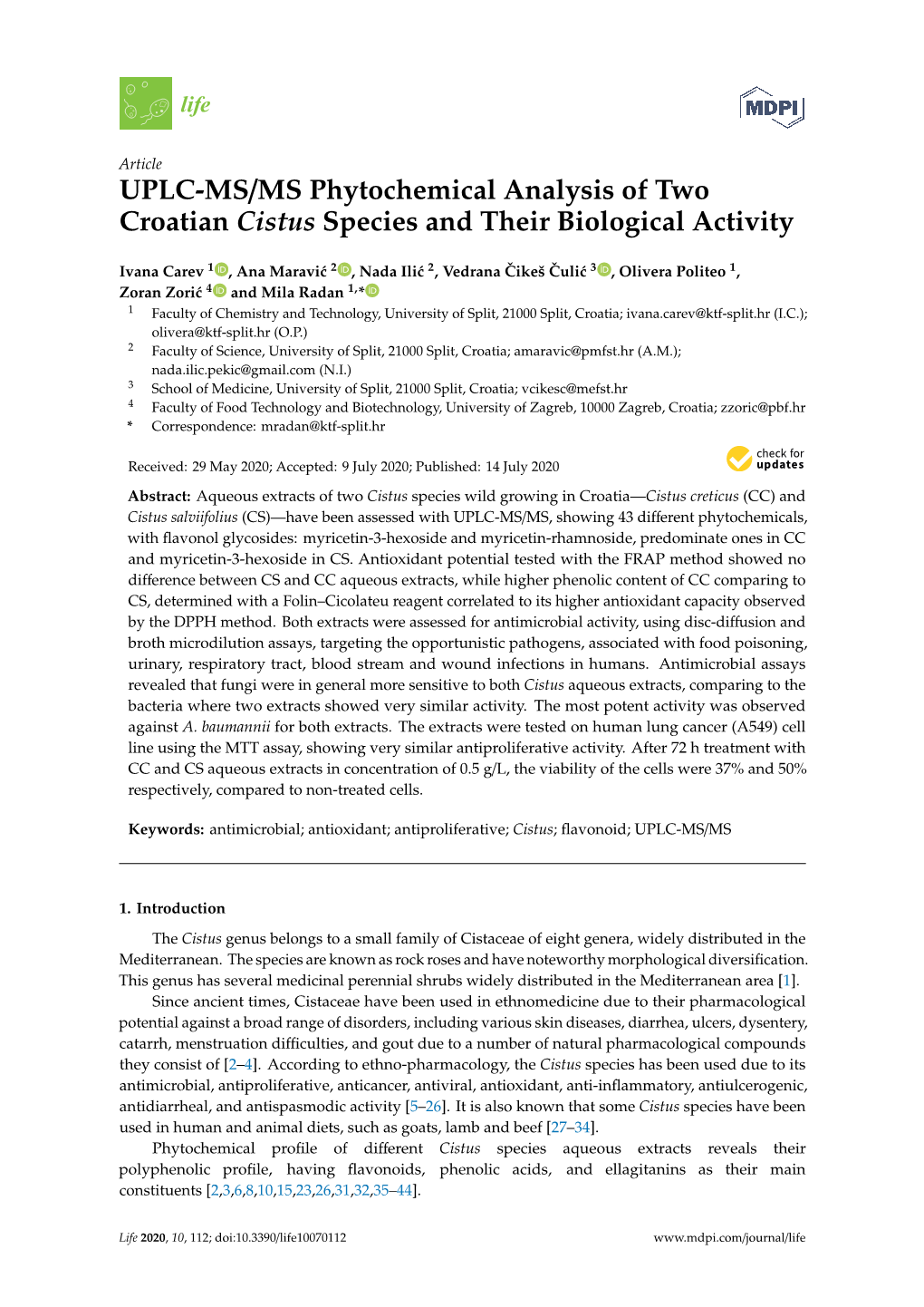 UPLC-MS/MS Phytochemical Analysis of Two Croatian Cistus Species and Their Biological Activity