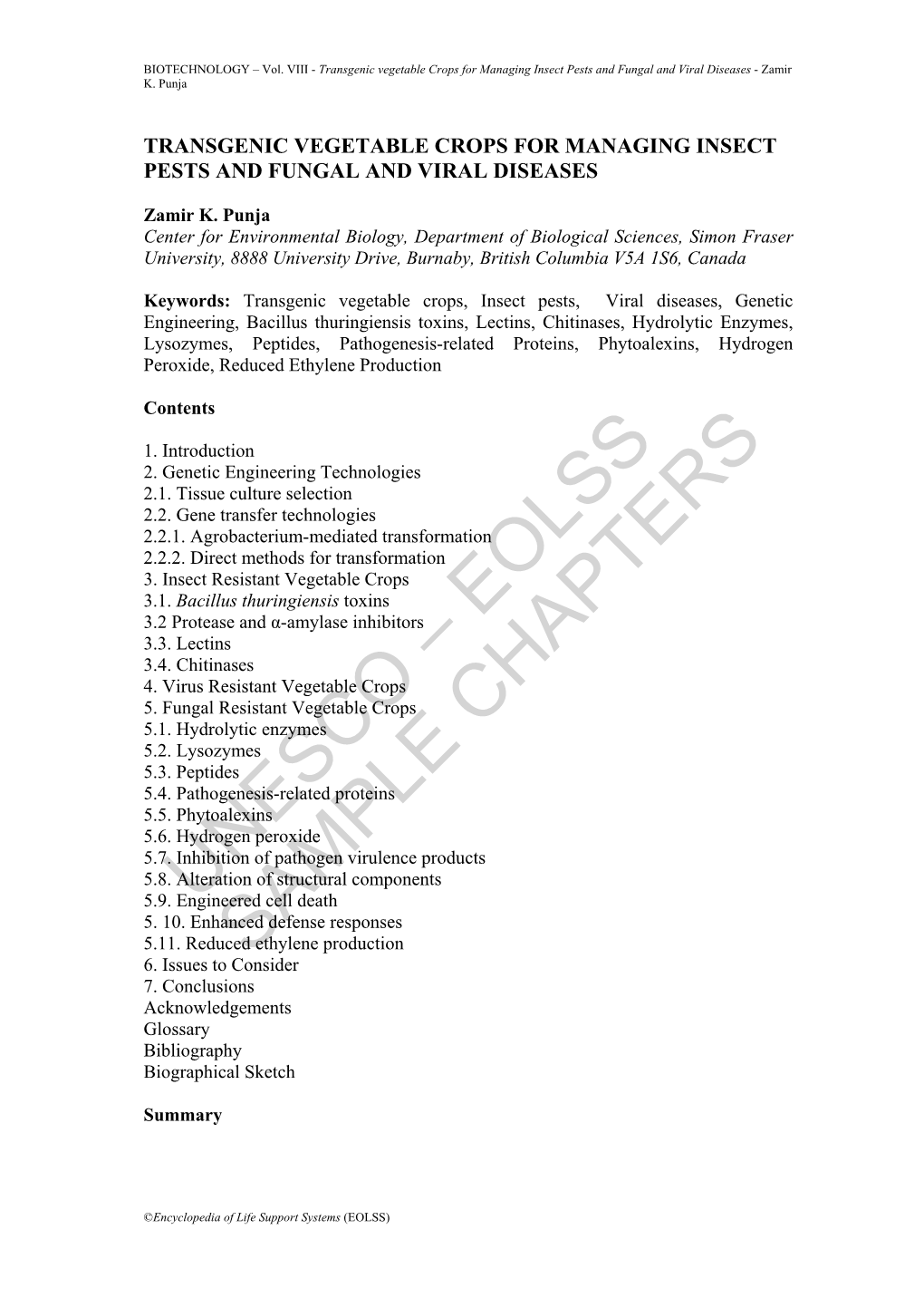 Transgenic Vegetable Crops for Managing Insect Pests and Fungal and Viral Diseases - Zamir K