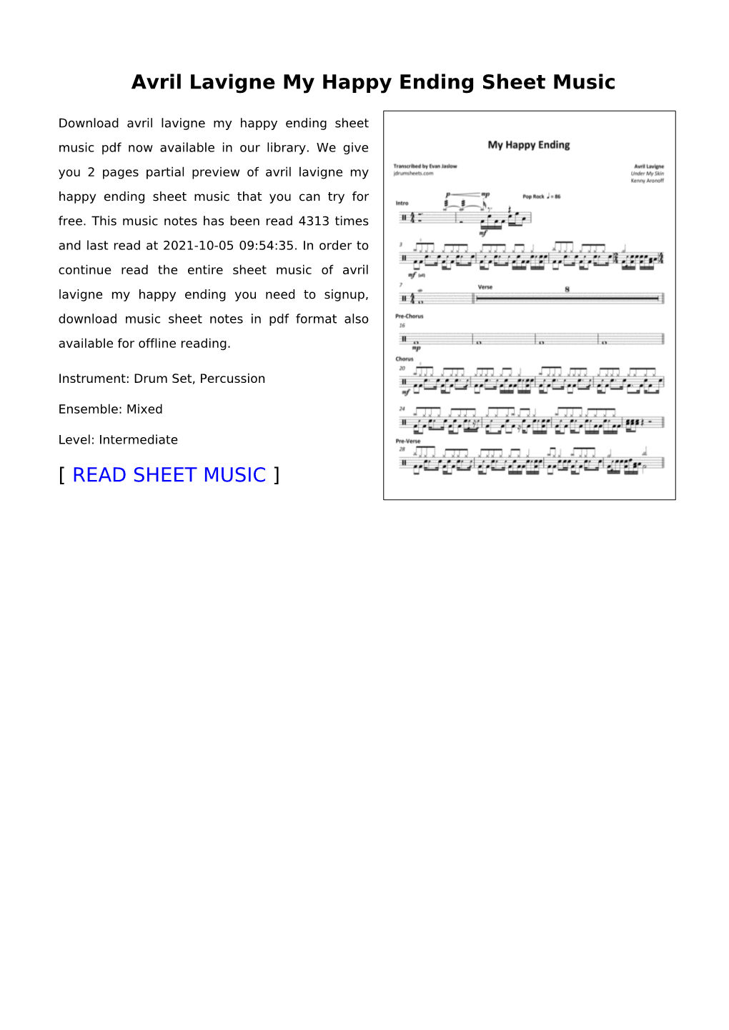 Avril Lavigne My Happy Ending Sheet Music