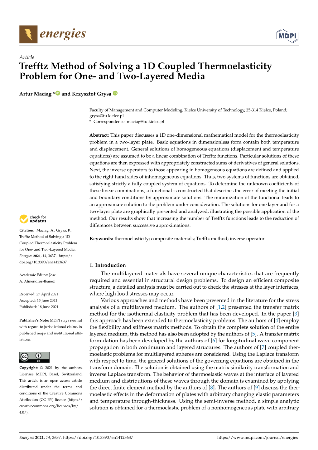 Trefftz Method of Solving a 1D Coupled Thermoelasticity Problem for One- and Two-Layered Media