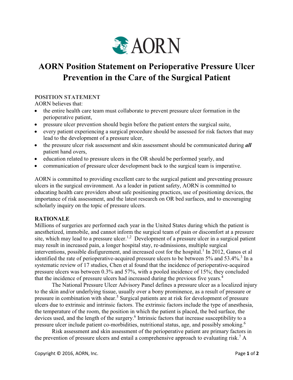 AORN Position Statement on Perioperative Pressure Ulcer Prevention in the Care of the Surgical Patient