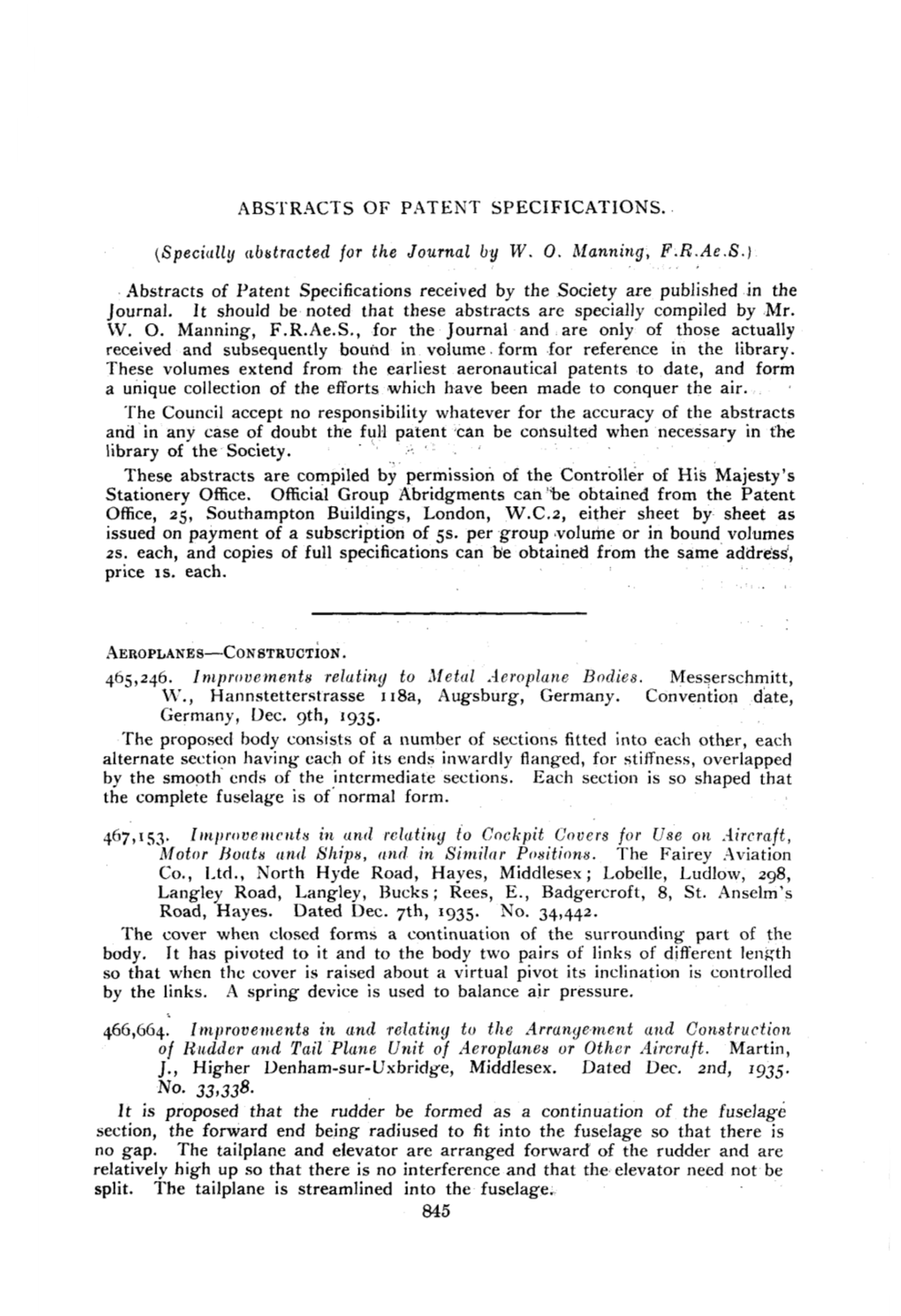 Abstracts of Patent Specifications