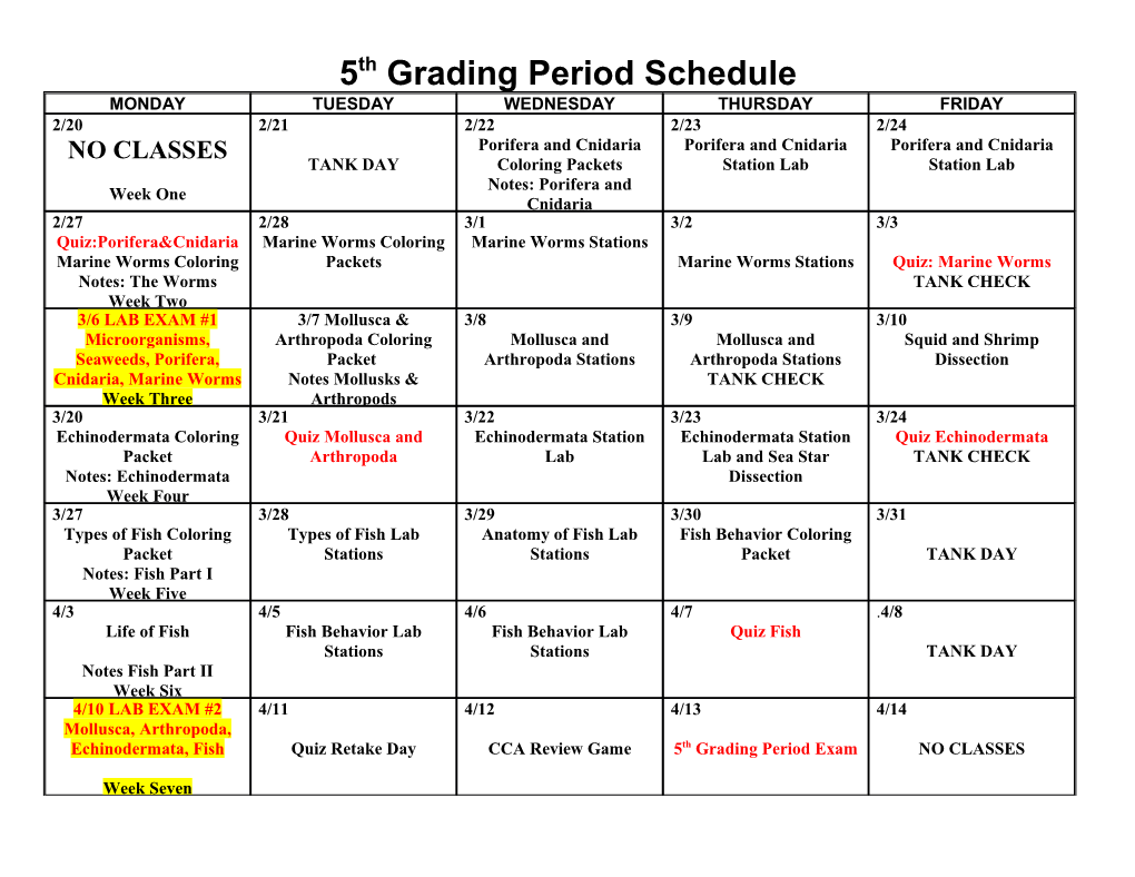 5Th Grading Period Schedule