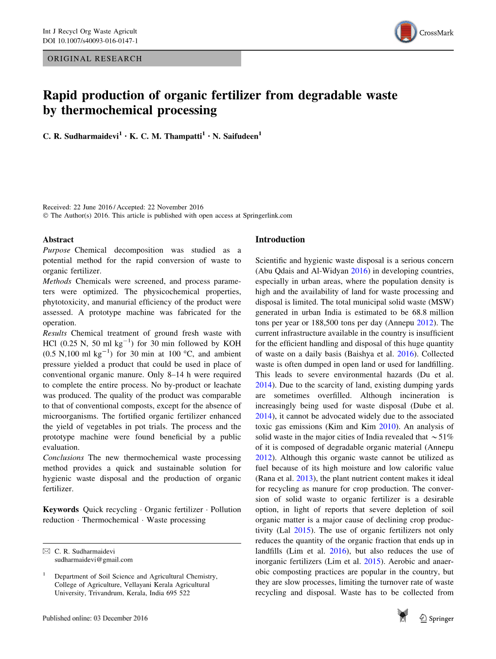 Rapid Production of Organic Fertilizer from Degradable Waste by Thermochemical Processing