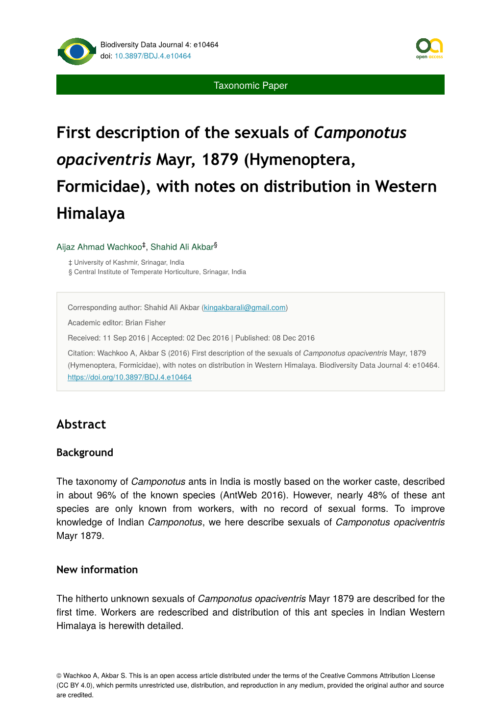 First Description of the Sexuals of Camponotus Opaciventris Mayr, 1879 (Hymenoptera, Formicidae), with Notes on Distribution in Western Himalaya