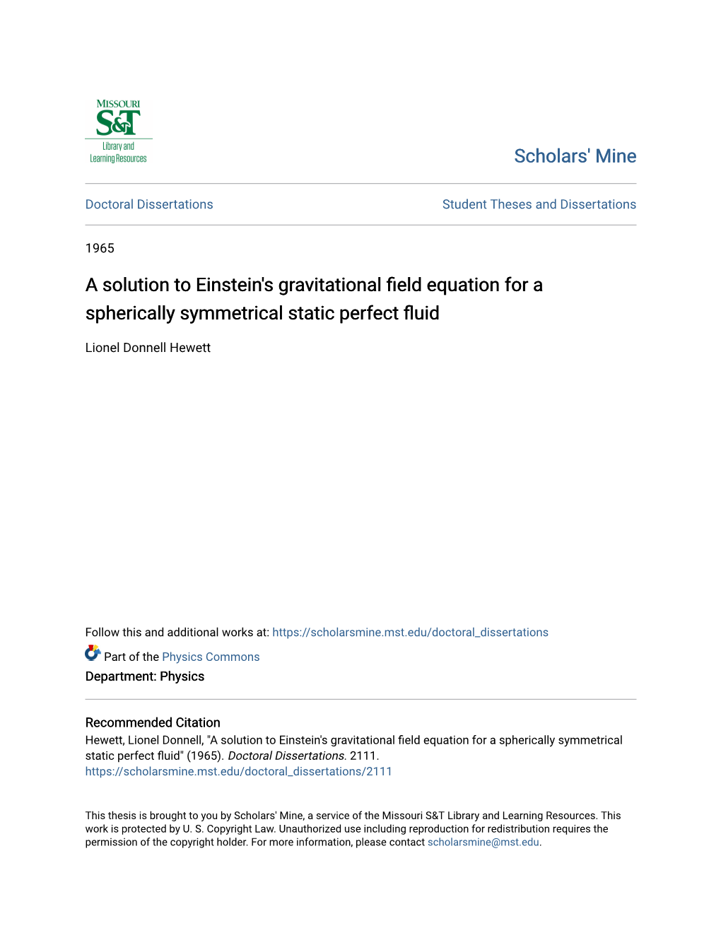 A Solution to Einstein's Gravitational Field Equation for a Spherically Symmetrical Static Perfect Fluid