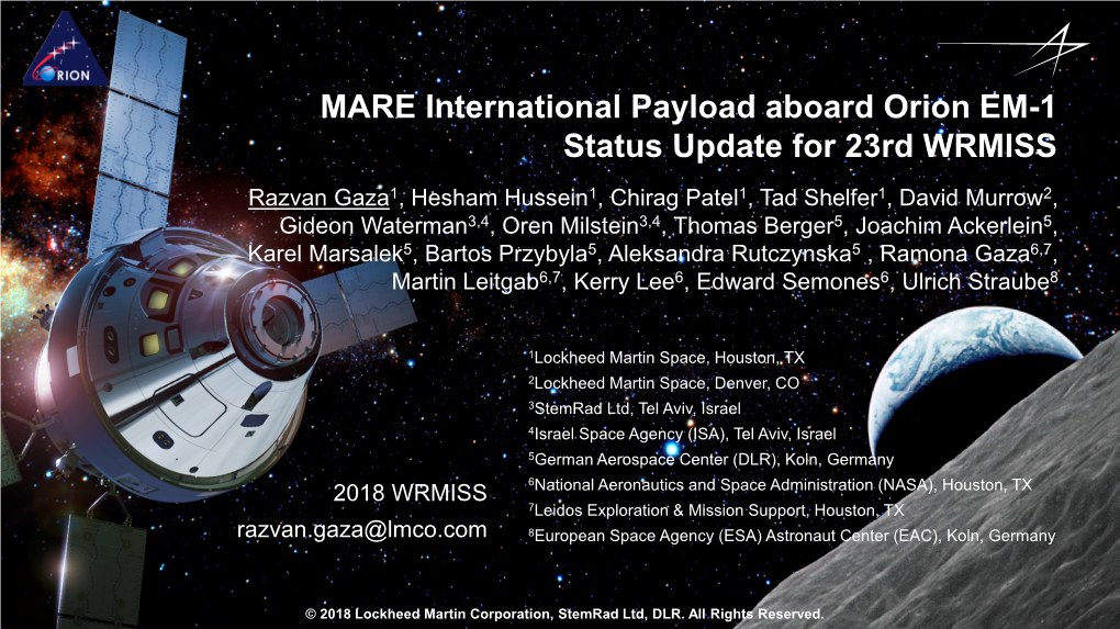 MARE International Payload Aboard Orion EM-1 Status Update for 23Rd WRMISS