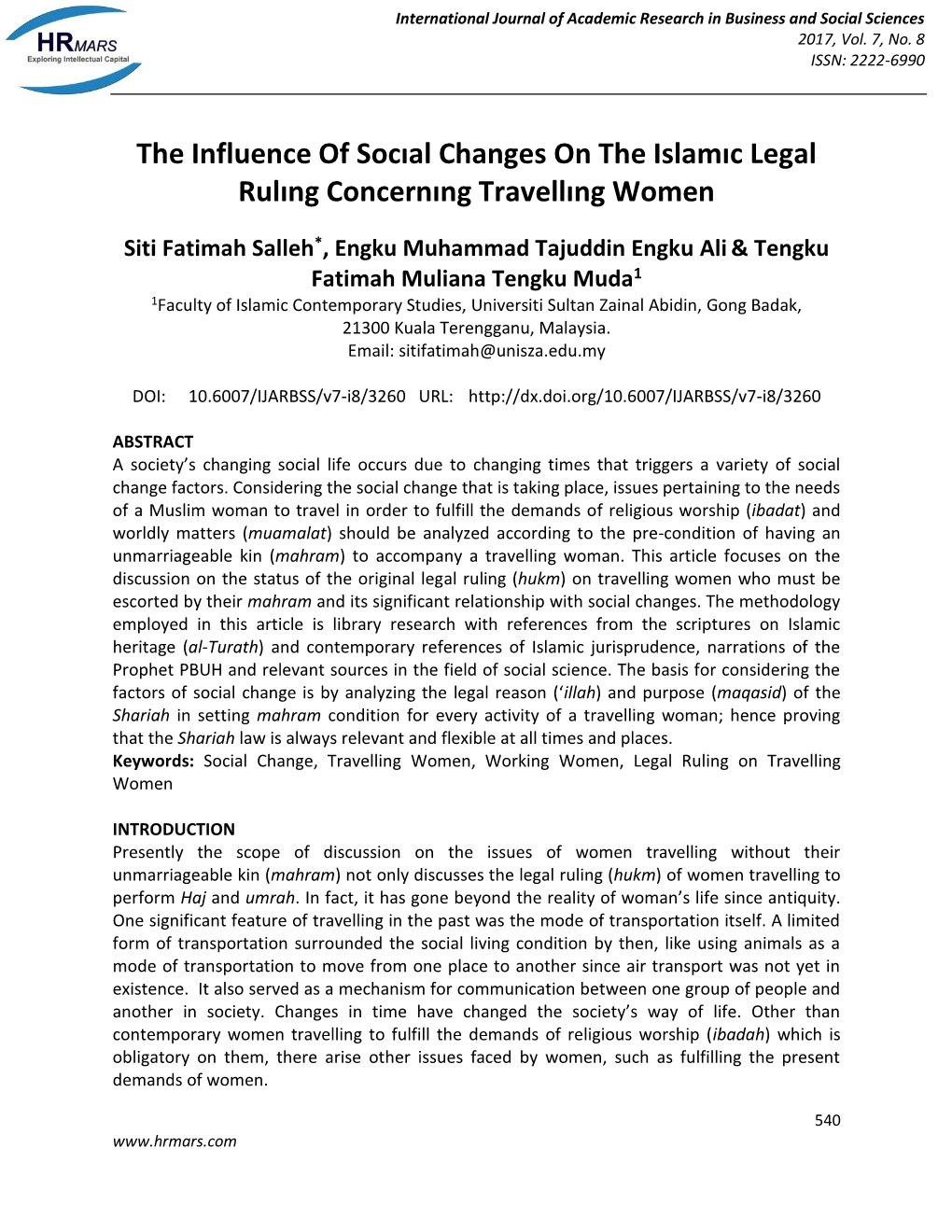 The Influence of Socıal Changes on the Islamıc Legal Rulıng Concernıng Travellıng Women