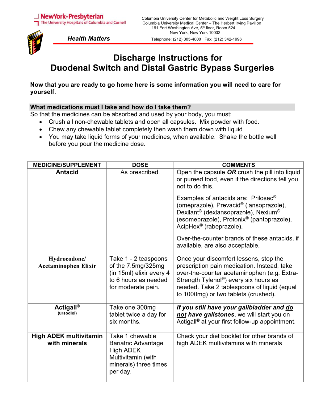 Discharge Instructions for Duodenal Switch and Distal Gastric Bypass Surgeries