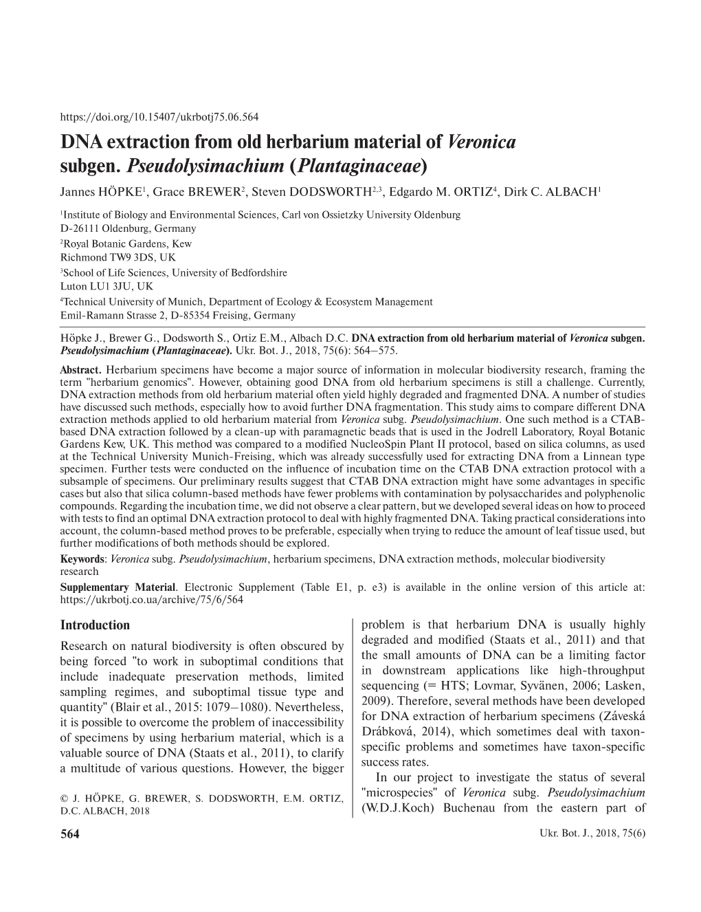 DNA Extraction from Old Herbarium Material of Veronica Subgen