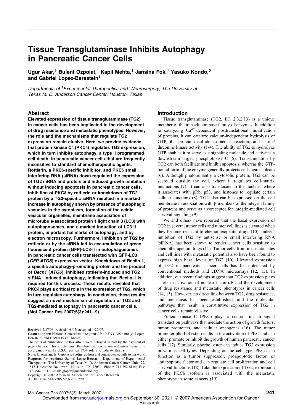 Tissue Transglutaminase Inhibits Autophagy in Pancreatic Cancer Cells