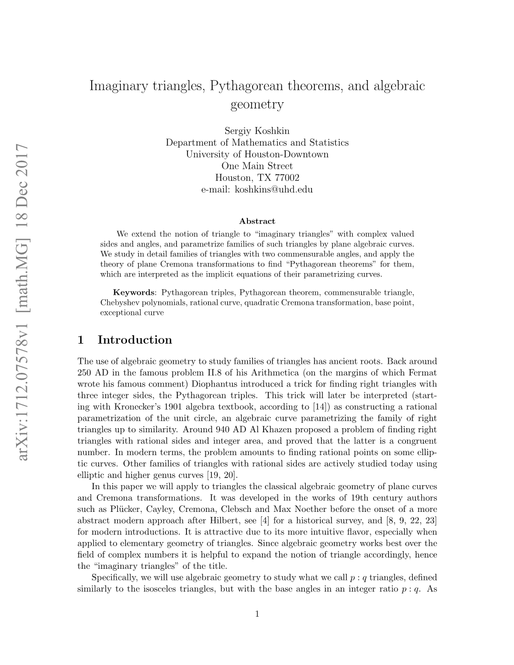 Imaginary Triangles, Pythagorean Theorems, and Algebraic Geometry