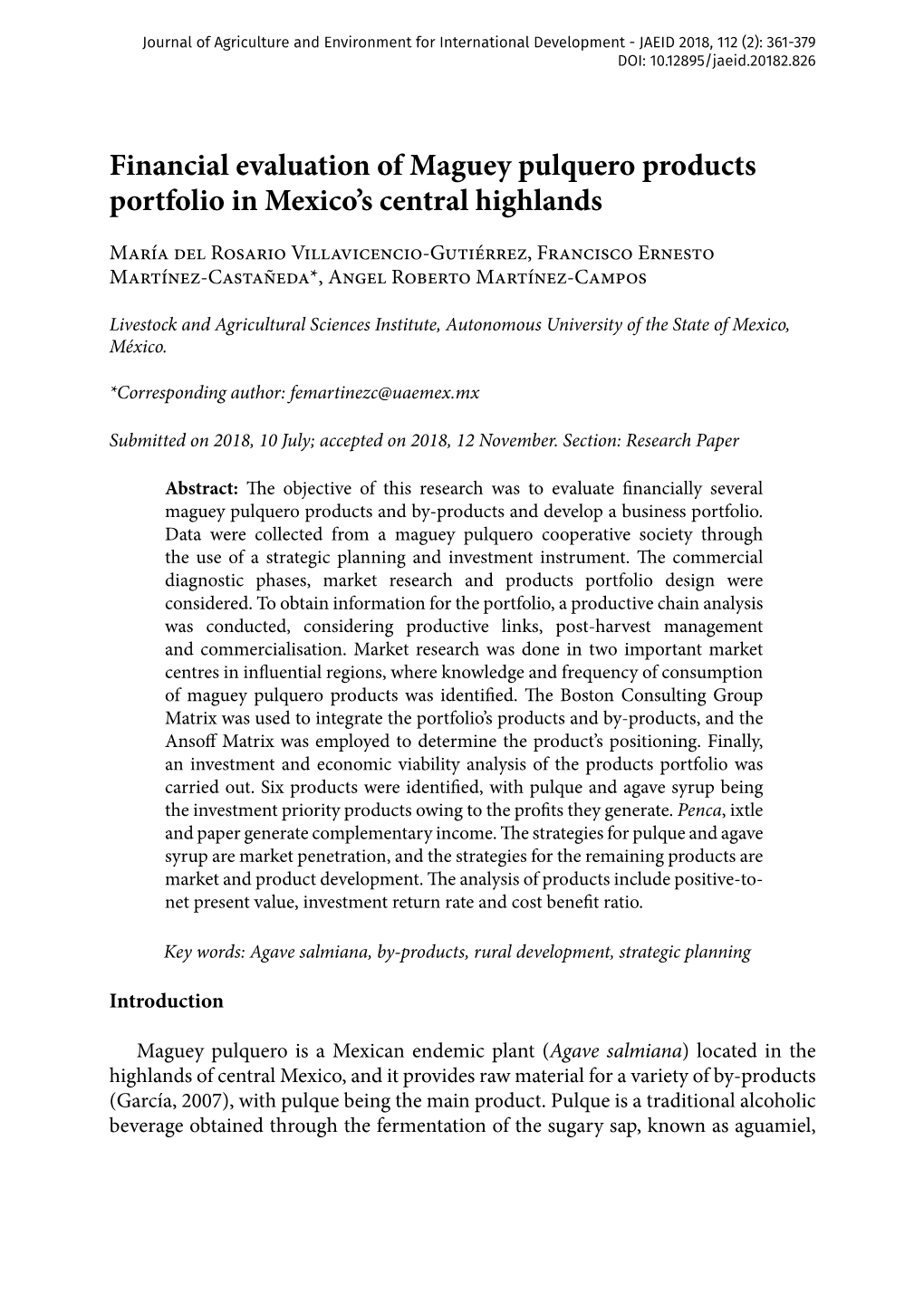 Financial Evaluation of Maguey Pulquero Products Portfolio in Mexico’S Central Highlands