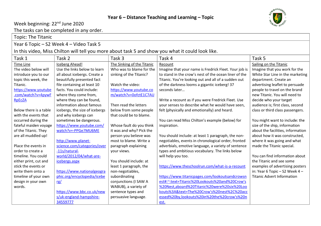 Year 6 – Distance Teaching and Learning – Topic Week Beginning
