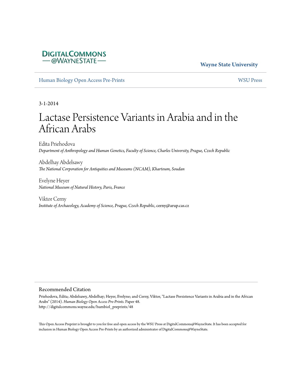 Lactase Persistence Variants in Arabia and in the African Arabs