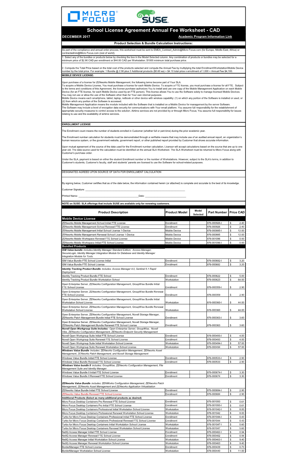 School License Agreement Annual Fee Worksheet - CAD DECEMBER 2017 Academic Program Information Link