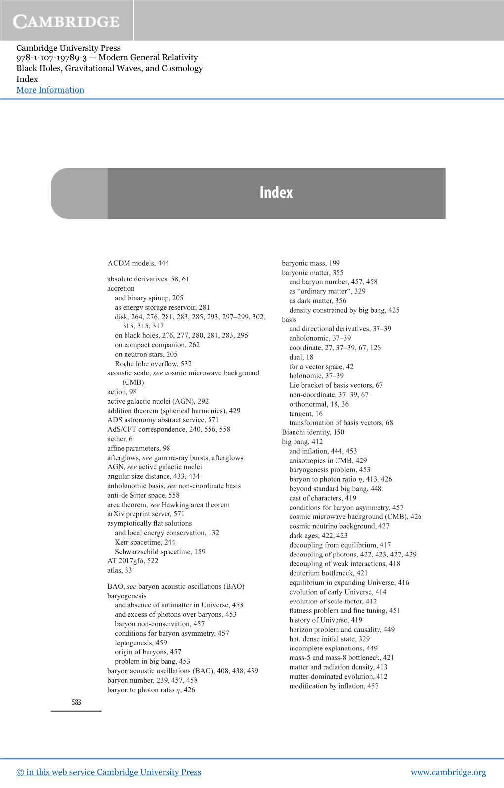 Cambridge University Press 978-1-107-19789-3 — Modern General Relativity Black Holes, Gravitational Waves, and Cosmology Index More Information