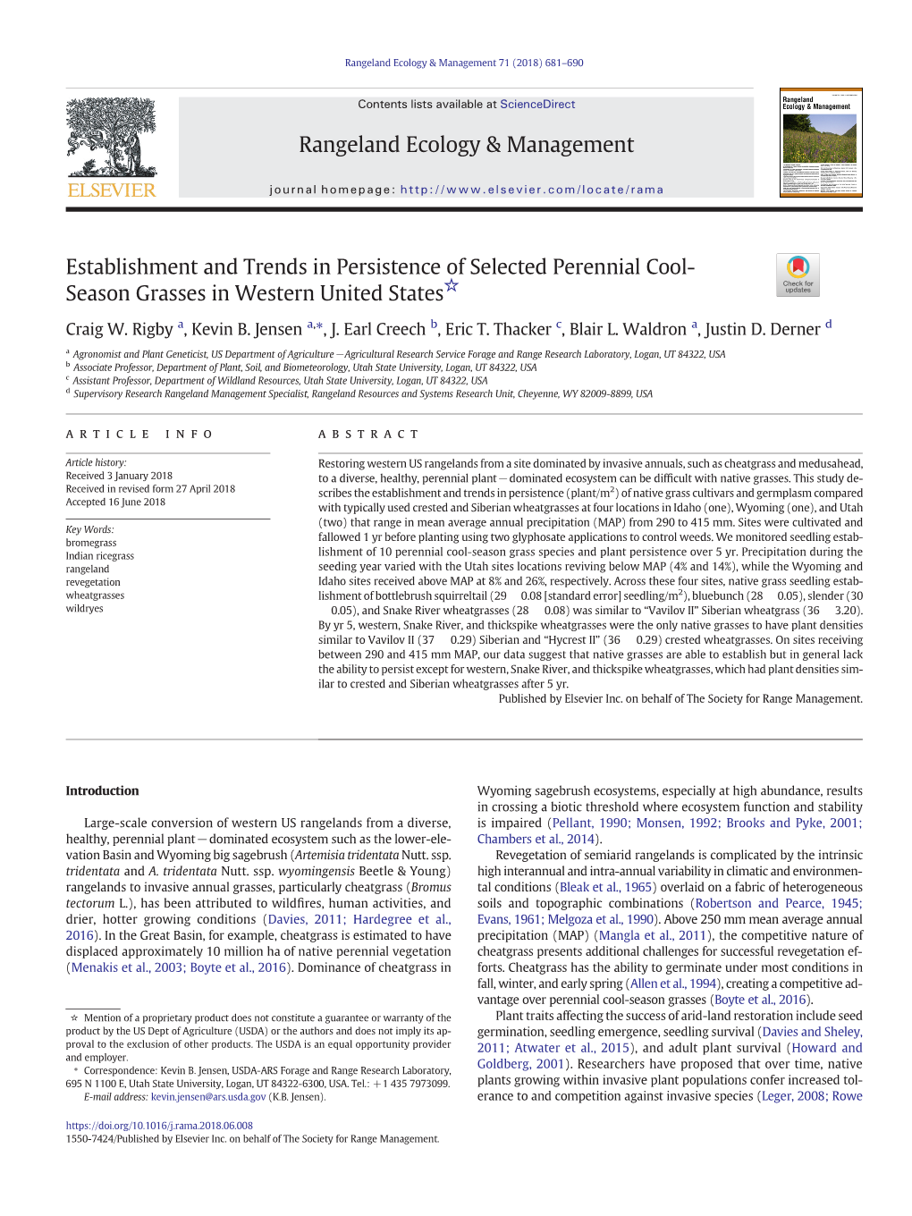 Establishment and Trends in Persistence of Selected Perennial Cool- ☆ Season Grasses in Western United States