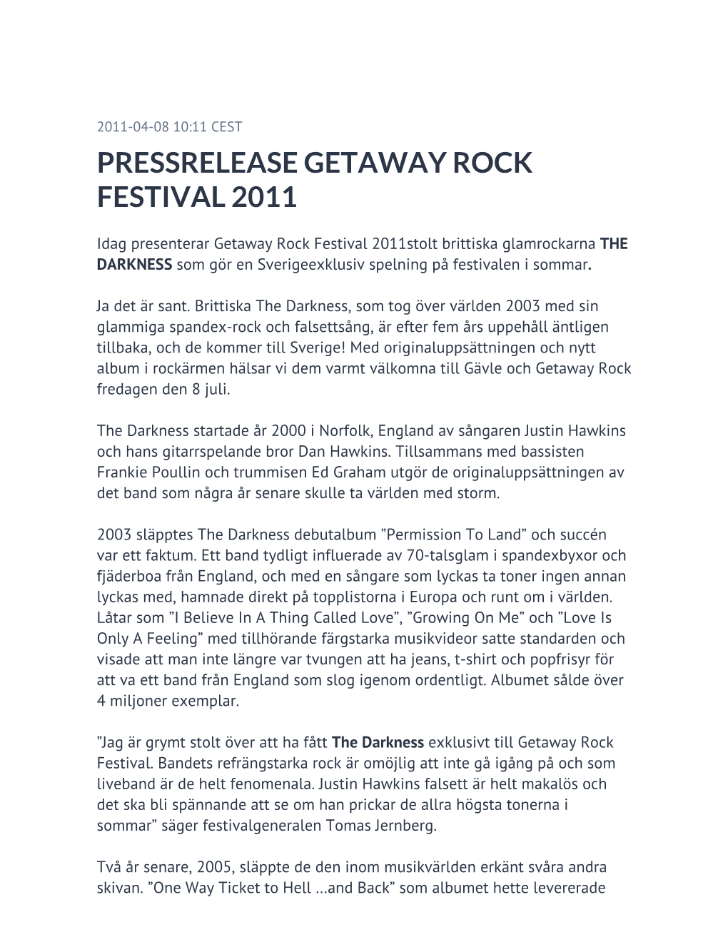 Pressrelease Getaway Rock Festival 2011