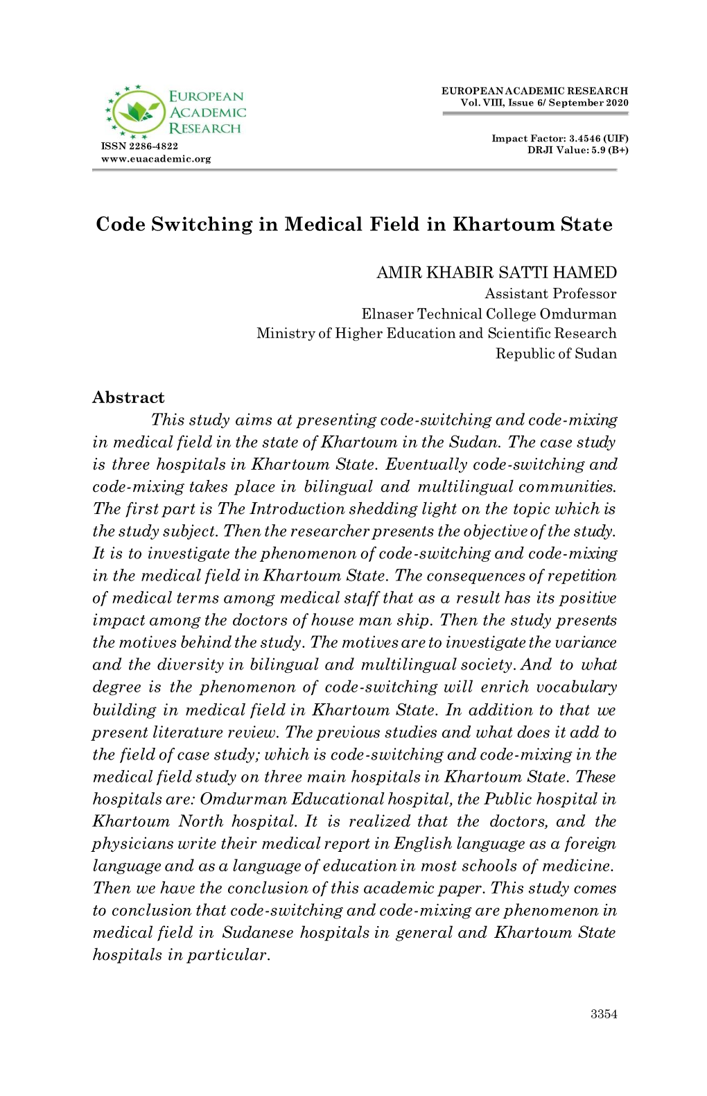 Code Switching in Medical Field in Khartoum State
