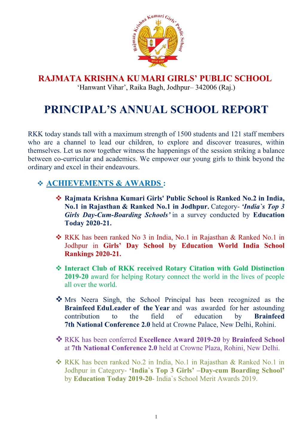 Principal's Annual School Report