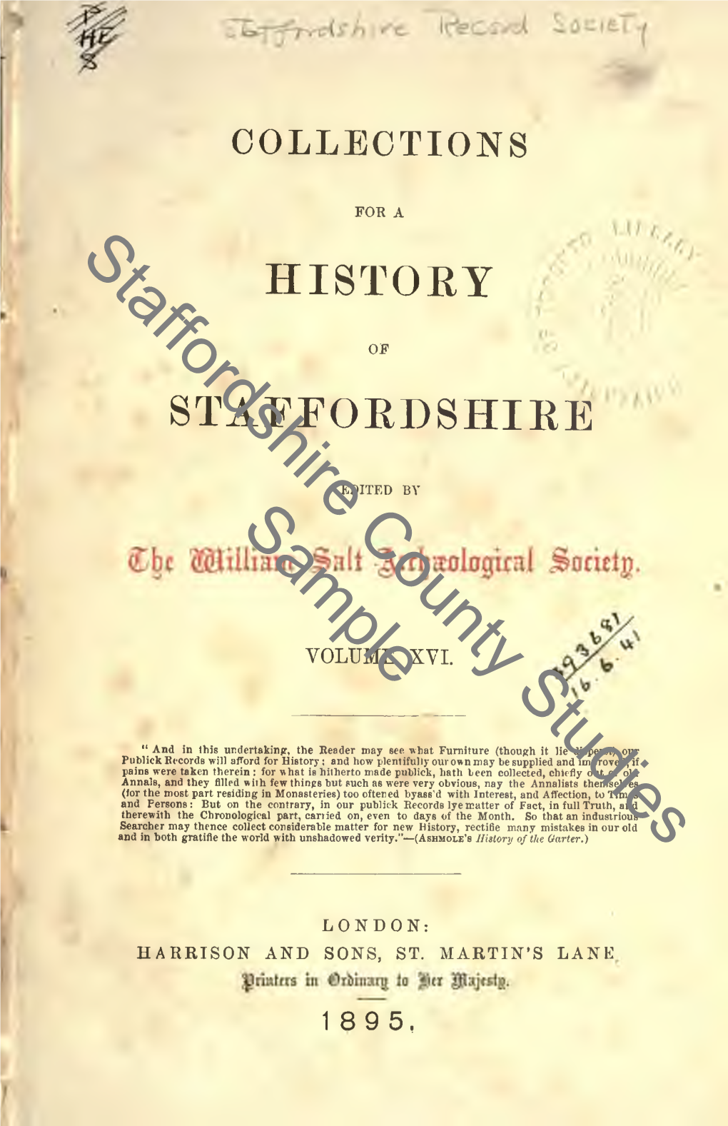 Collections for a History of Staffordshire, 1895