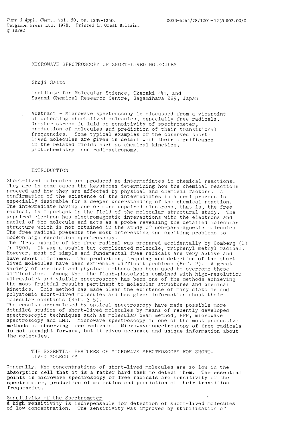 MICROWAVE SPECTROSCOPY of SHORT-LIVED MOLECULES Shuji